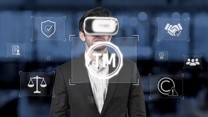 Professional businessman interacts with virtual reality headset in a modern office, surrounded by digital icons representing various business elements and technology concepts. Raster - Powered by Adobe