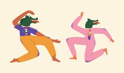 A man and woman in carnival costumes and dragon masks. Christmas illustration with characters. New Years greeting card