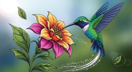 Fototapeta premium A vibrant illustration of a green and blue hummingbird feeding nectar from a colorful orange and pink flower with green leaves.