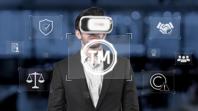 Professional businessman interacts with virtual reality headset in a modern office, surrounded by digital icons representing various business elements and technology concepts. Raster - Powered by Adobe