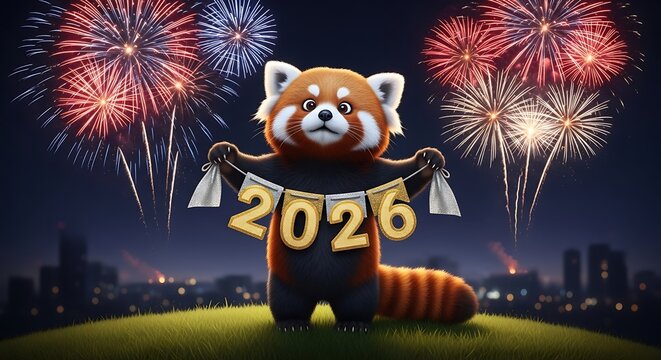 A cute red panda character holds a banner that says "2026" with fireworks in the background.