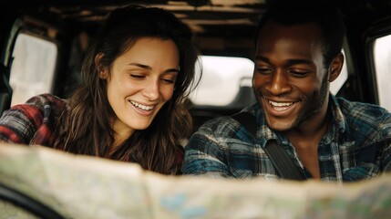 Inside their pickup truck, a young woman and a young man are intently studying a detailed map while sharing smiles, indicating their excitement about the journey. The couple's adve