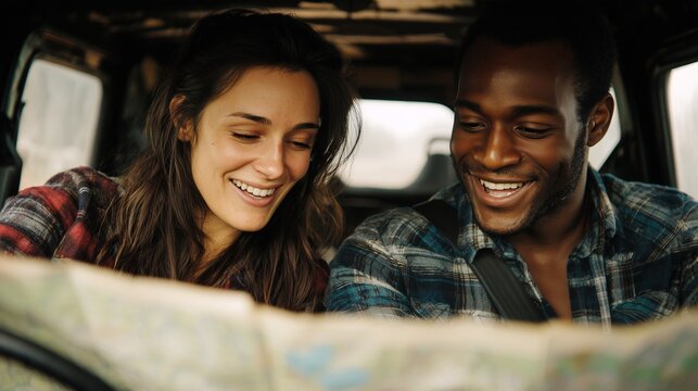 Inside their pickup truck, a young woman and a young man are intently studying a detailed map while sharing smiles, indicating their excitement about the journey. The couple's adve - Powered by Adobe