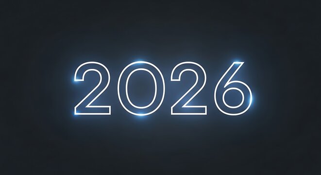 The year 2026 depicted in glowing blue neon numbers on a dark background.