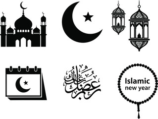 Islamic new year black and white silhouette vector illustration set