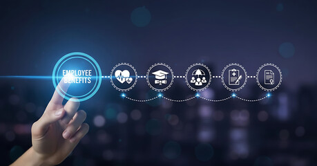 Employee benefits package health insurance life insurance retirement plan paid time off and more benefits on transparent background. employee