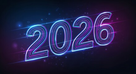 The year 2026 depicted in vibrant blue and purple futuristic neon lights on a dark background.