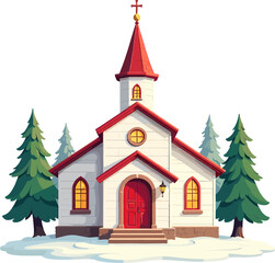 Fototapeta premium Beautiful Christmas church with a warm red façade, festive evergreen trees and a snowy holiday atmosphere, ideal for Christmas cards, winter designs, seasonal posters and peaceful holiday illustration