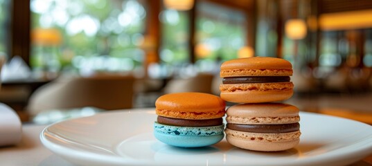 Elegant food photography of colorful macarons arranged on a white plate for dessert delight