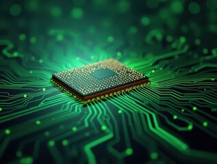 Microchip on green circuit board transmitting data