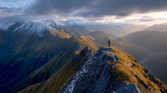 A man stands on a rocky mountain peak, admiring the expansive view of snow-capped mountains under a cloudy sky. The mountain landscape unfolds dramatically, showcasing nature's bea