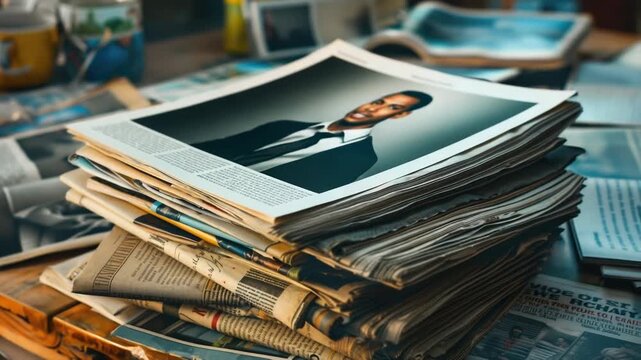 Video A stack of newspapers sitting on a table with a simple background