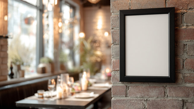 Black frame on brick wall in restaurant with table setting and bright window in background scene
