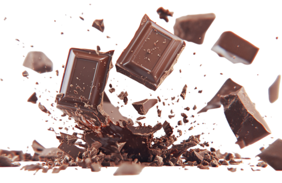 Delicious chocolate pieces exploding and crashing in mid air against a transparent background