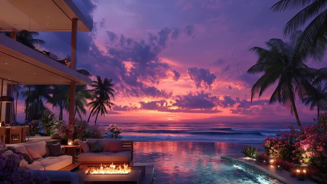 Romantic evening atmosphere at a tropical resort featuring a cozy lounge area with a fireplace next to a swimming pool reflecting the dramatic purple and orange tropical sunset