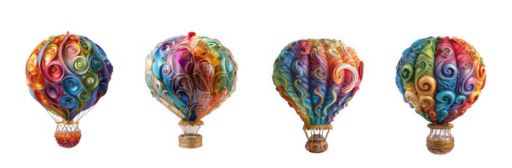 Four vibrant, intricately detailed hot air balloons in a rainbow of colors, isolated on transparent background