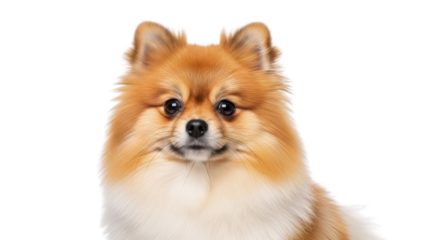 Close-up portrait of an adorable orange and white Pomeranian dog isolated PNG with Transparent Background