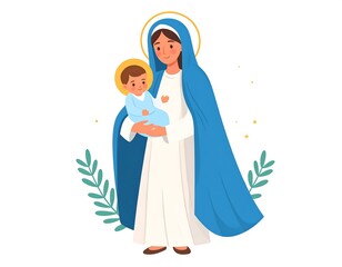 Obraz premium Illustration of Virgin Mary holding baby Jesus, religious faith representation