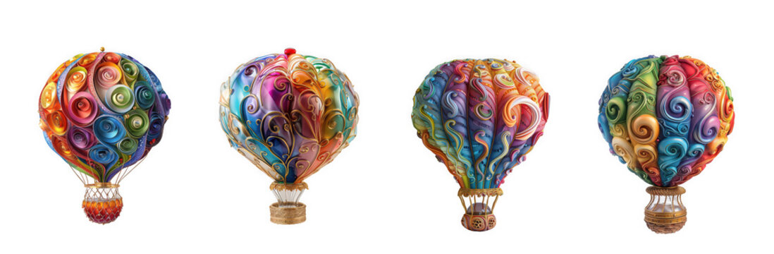 Four vibrant, intricately detailed hot air balloons in a rainbow of colors, isolated on transparent background - Powered by Adobe