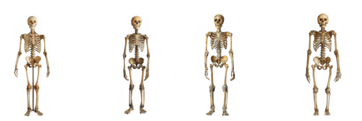 Four full human skeletons standing upright, showcasing the complete skeletal structure, isolated on transparent background
