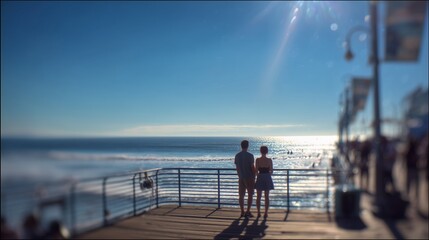 A man and a woman stand on the pier, watching the ocean waves shimmer under the bright sun. The couple enjoys the beautiful view of the ocean and the distant horizon together.