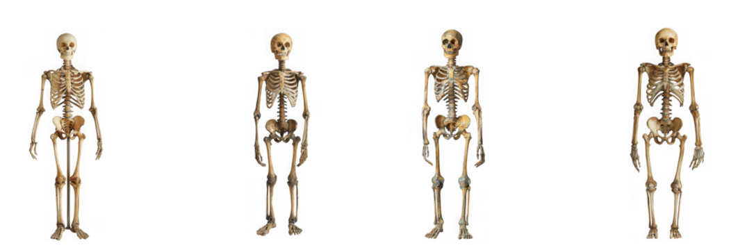 Four full human skeletons standing upright, showcasing the complete skeletal structure, isolated on transparent background