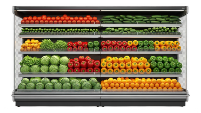 Fresh produce displayed on refrigerated shelves in a grocery store with a variety of colorful fruits and vegetables