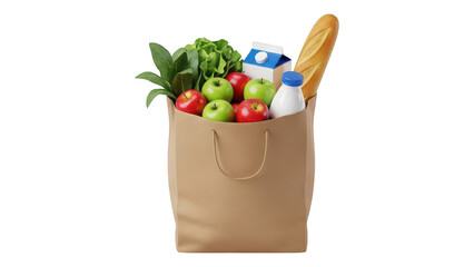 Brown paper grocery bag filled with fresh produce bread and milk