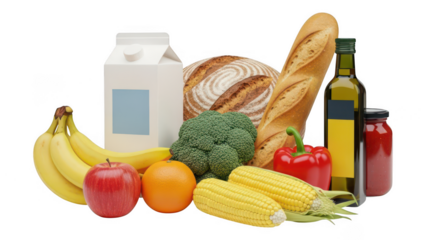 Assortment of fresh groceries including fruits vegetables dairy bread and oil on black background