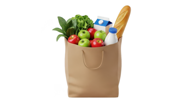 Brown paper grocery bag filled with fresh produce bread and milk