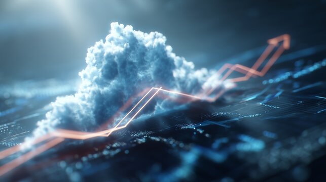 A digital cloud hovers above glowing data graphs, showcasing an upward trend in statistics. The cloud appears to interact with lines of data, emphasizing technology and analysis.
