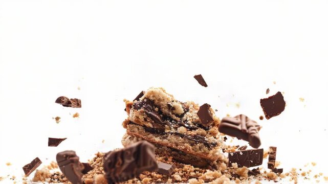 Video A messy pile of chocolate and crumbs on a white surface, perfect for food or as a prop in various settings