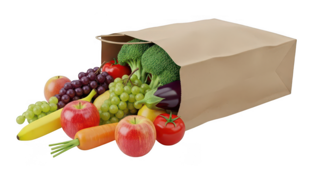 Fresh groceries spilling out of a brown paper shopping bag on a black background - Powered by Adobe