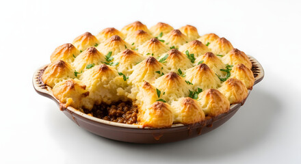 Shepherd's pie with golden crust and minced meat filling in dish  