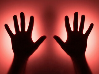 Fototapeta premium Two shadowed hands behind frosted surface on glowing red light creating intense conceptual awareness and boundary message visual