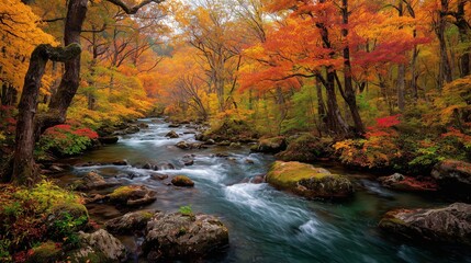 The flowing river moves gently through a vibrant autumn forest, where trees showcase brilliant shades of red, orange, and gold. This beautiful forest scene captivates all who visit