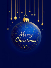 Elegant deep blue Christmas ornament hanging with golden glitter and sparkling stars against a dark night background