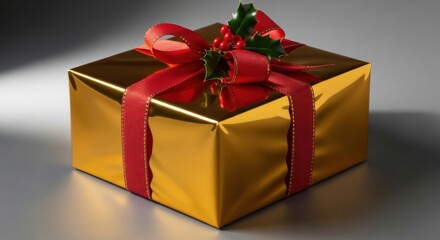 Christmas Gift Box Wrapped In Shiny Golden Paper 