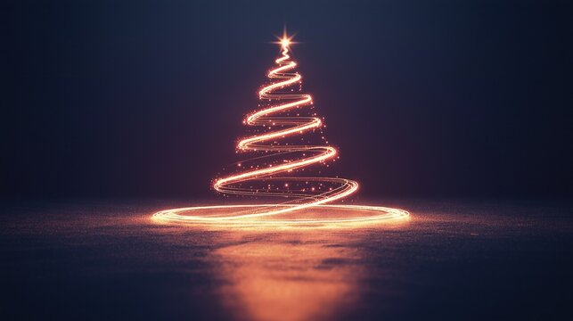 Glowing light spiral in the shape of a Christmas tree on dark background, abstract festive holiday decoration concept.