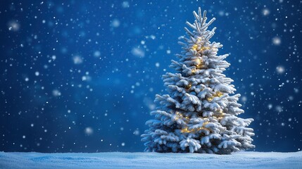 Beautiful Christmas tree covered in snow stands on ground against blue background with falling snowflakes and small white Christmas lights hanging from it.