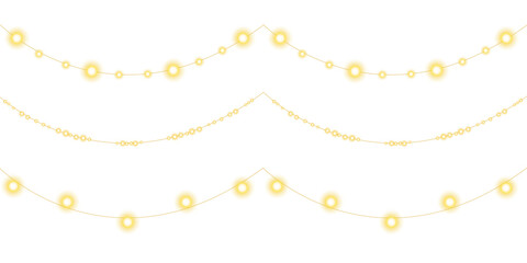 PNG gold light garland with decorative glowing ribbon, bright string lamp border, and festive illumination ideal for holiday cards, celebration banners, transparent designs, and winter party layouts
