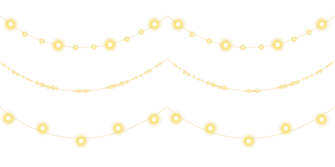 PNG gold light garland with decorative glowing ribbon, bright string lamp border, and festive illumination ideal for holiday cards, celebration banners, transparent designs, and winter party layouts
