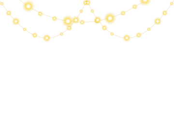 Transparent Christmas garland PNG with glowing yellow bulbs, shimmering sparkles, and bright decorative illumination suitable for invitations, party flyers, winter greeting cards, and festive design e