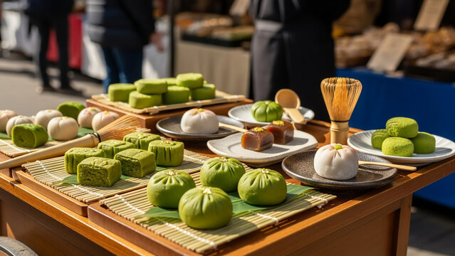 Assortment of Japanese Wagashi sweets, a delightful culinary tradition, beautifully displayed at a market stall
