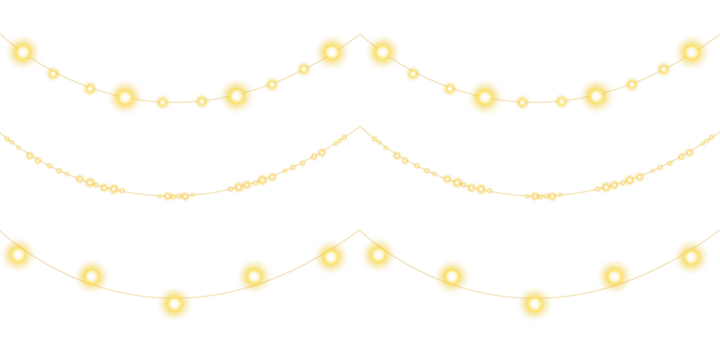PNG gold light garland with decorative glowing ribbon, bright string lamp border, and festive illumination ideal for holiday cards, celebration banners, transparent designs, and winter party layouts
 - Powered by Adobe