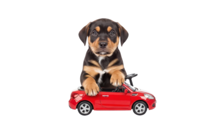 Puppy driving a toy car isolated PNG with Transparent Background