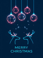 Neon wireframe reindeer and geometric Christmas ornaments glowing against a dark blue holiday night sky