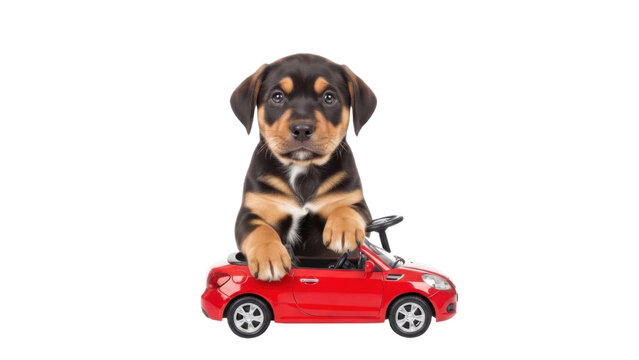 Puppy driving a toy car isolated PNG with Transparent Background - Powered by Adobe