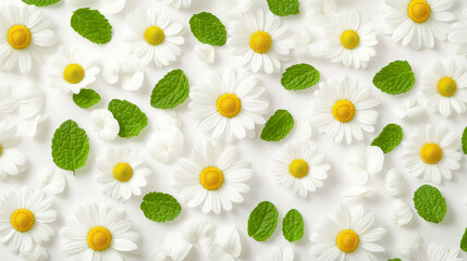 A beautiful arrangement of white daisies, yellow centers, and green mint leaves scattered artfully over a white background, evoking freshness and tranquility.