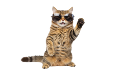 Cool tabby cat wearing sunglasses waving hello isolated PNG with Transparent Background
